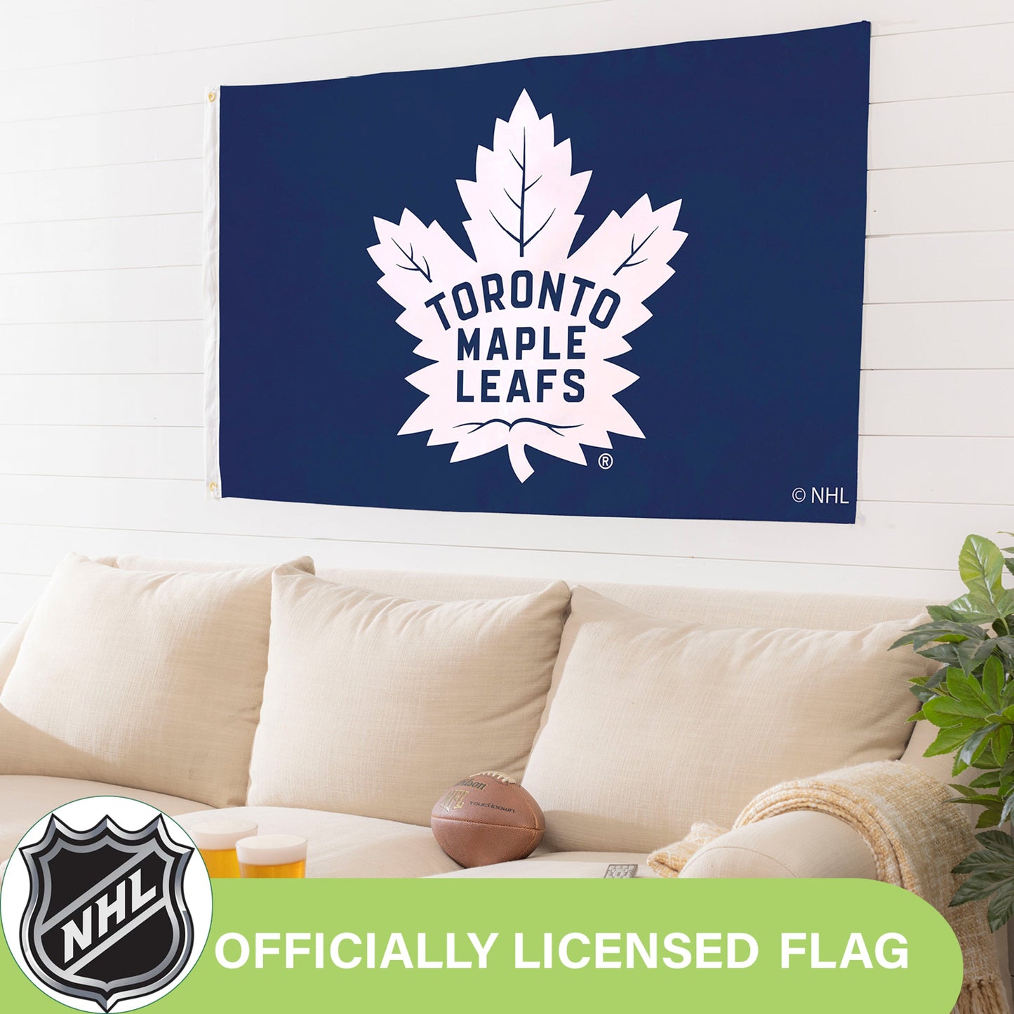 Toronto Maple Leafs flag, sublimated single-sided 3x5 with 2 grommets on navy background on Tampa Home & Garden Store