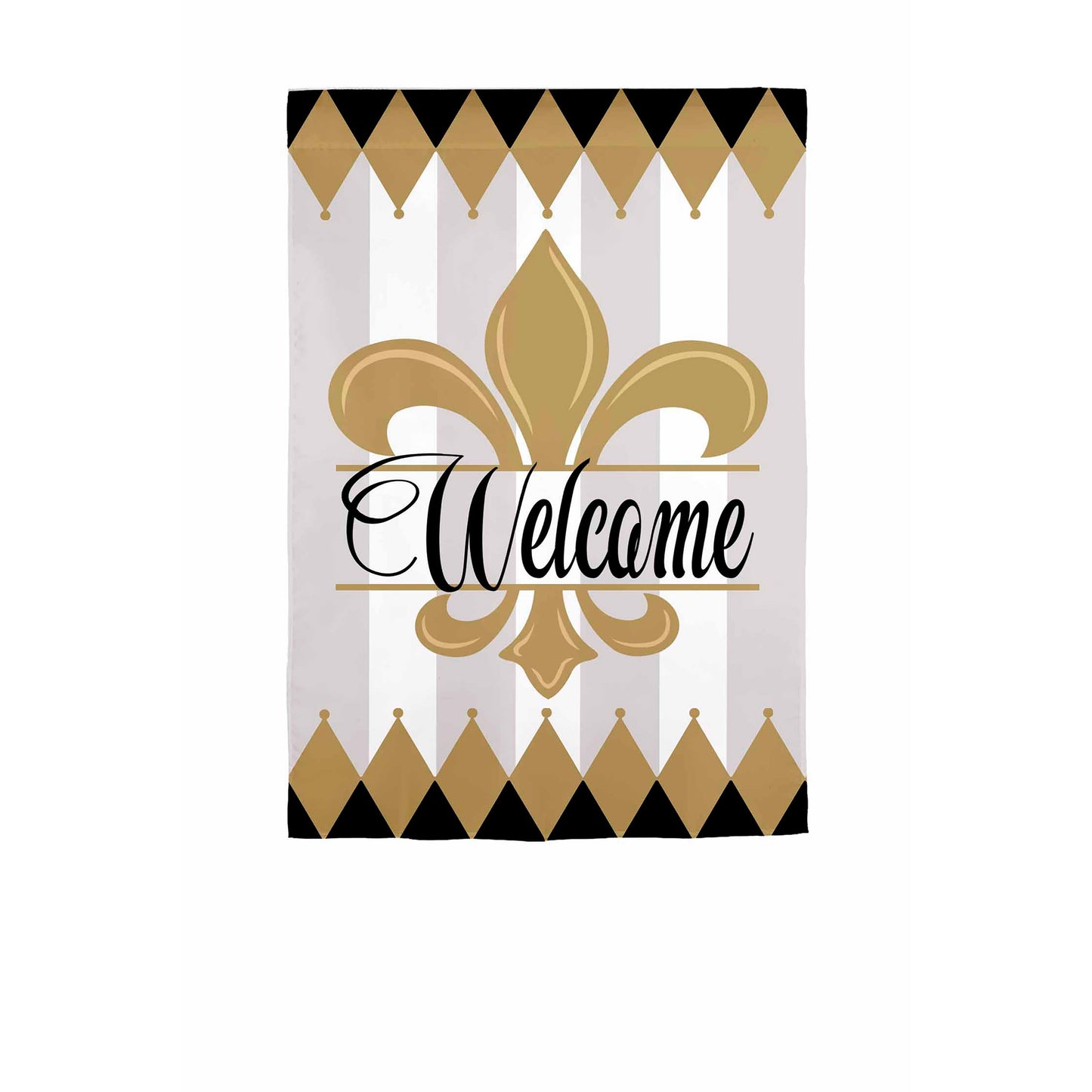 Beautiful Home Suede Garden Flag featuring gold fleur-de-lis and black/gold border on Tampa Home & Garden Store