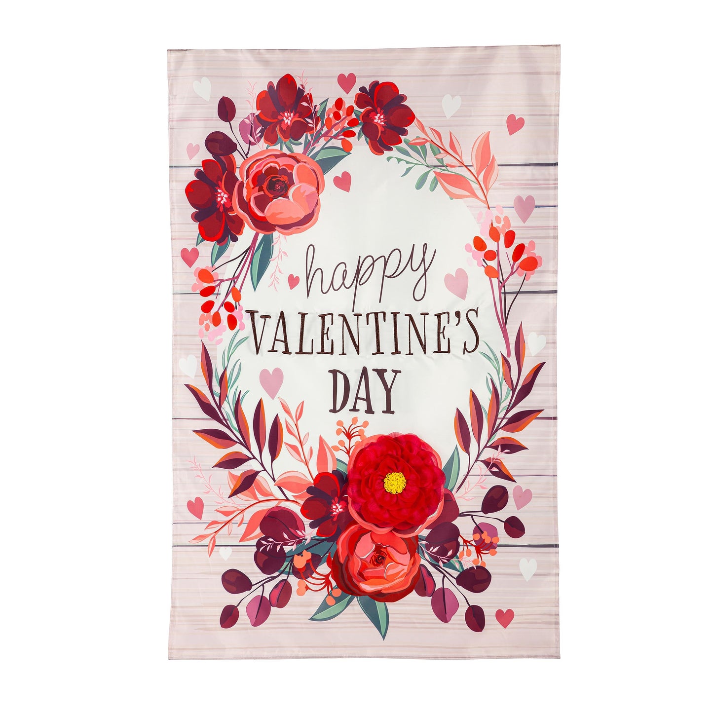 Floral Happy Valentine's Day applique house flag with stripes and red blooms and hearts on Tampa Home & Garden Store
