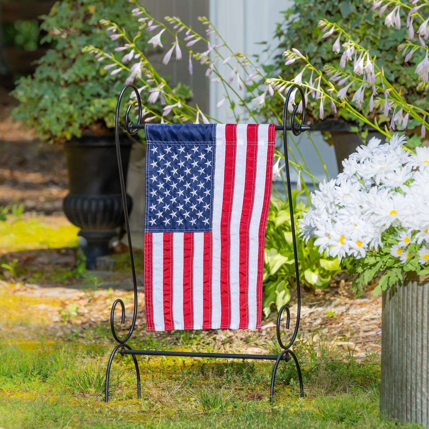 American Flag Garden Applique Flag on black metal garden stand with red white blue stripes on Tampa Home & Garden Store