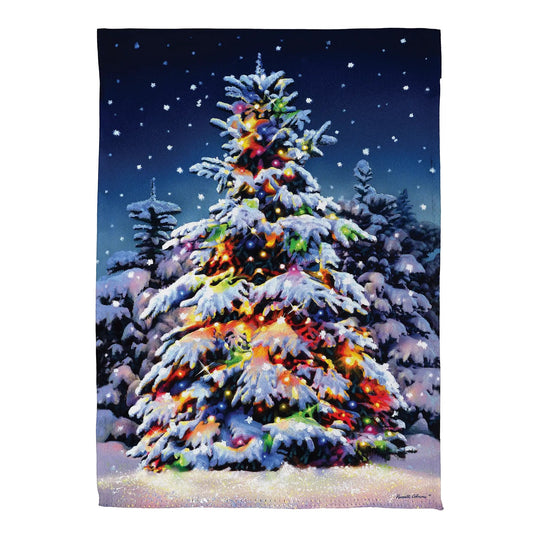 Vivid Christmas Tree Suede House Flag by Evergreen with colorful ornaments on snowy night on Tampa Home & Garden Store