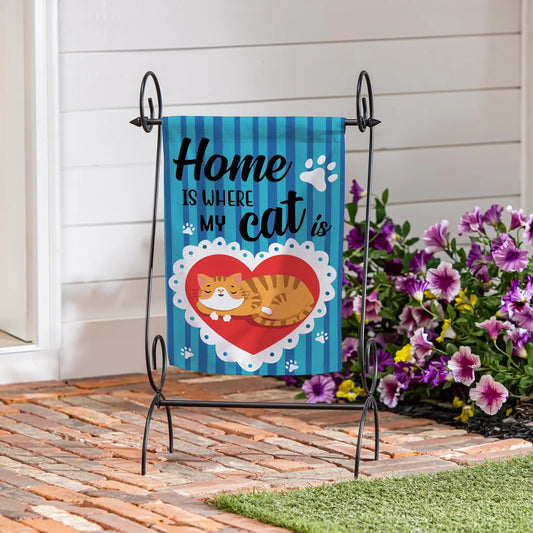 Home Is Where My Cat Is suede garden flag with blue stripes and a cute cat in a heart on Tampa Home & Garden Store
