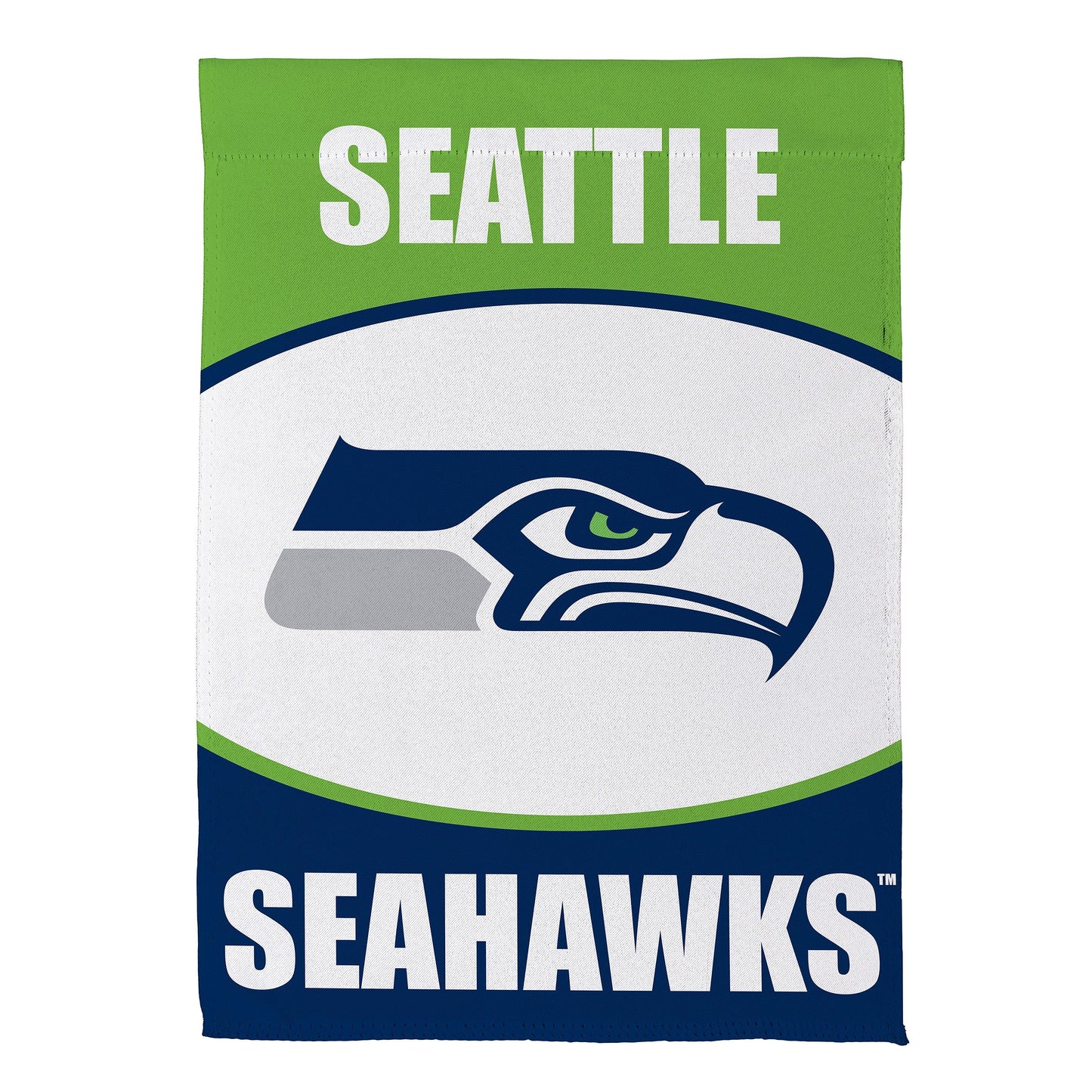 Seattle Seahawks suede garden flag with white SEATTLE lettering on header and blue logo on Tampa Home & Garden Store