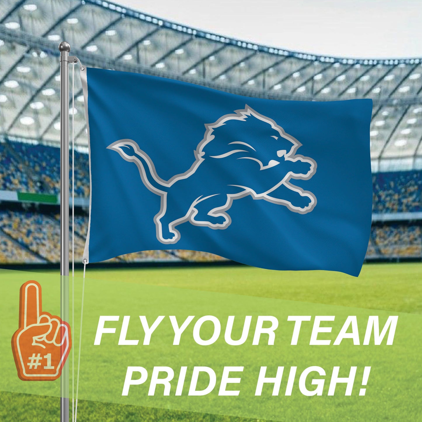 Detroit Lions single-sided blue flag, 3x5 ft sublimated with 2 grommets on Tampa Home & Garden Store