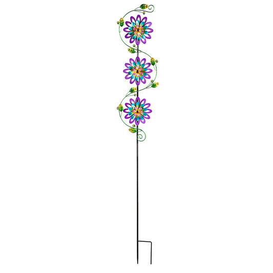 71-inch garden stake with violet trio spinning flowers wind spinners on a green vine on Tampa Home & Garden Store