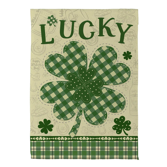 Lucky Clover Suede Garden Flag by Evergreen Enterprises, green plaid clover design, spring decor on Tampa Home & Garden Store