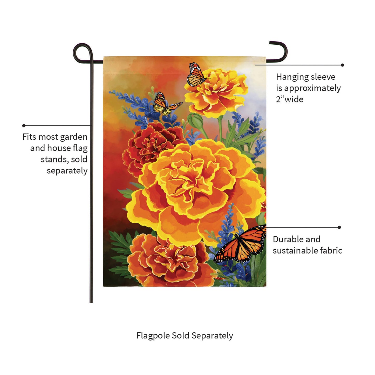 Mariposa Melody Burlap Garden Flag vibrant orange marigolds with monarchs, hanging sleeve on Tampa Home & Garden Store
