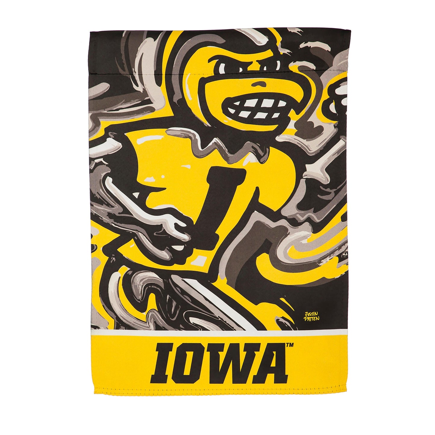 Suede flag University of Iowa hawk mascot in yellow and black by Evergreen Enterprises on Tampa Home & Garden Store