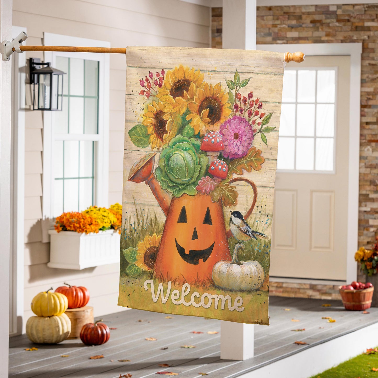 Halloween Watering Can Suede Flag sunflowers on rustic wood backdrop Evergreen Enterprises on Tampa Home & Garden Store