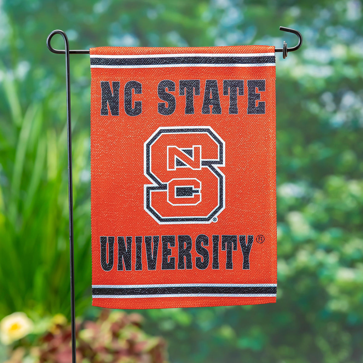 Embossed suede NC State flag in orange with white/black striped header Evergreen Enterprises on Tampa Home & Garden Store