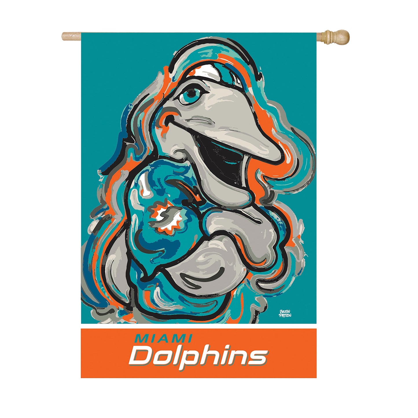 Miami Dolphins suede flag by Justin Patten with teal backdrop and orange accents on Tampa Home & Garden Store