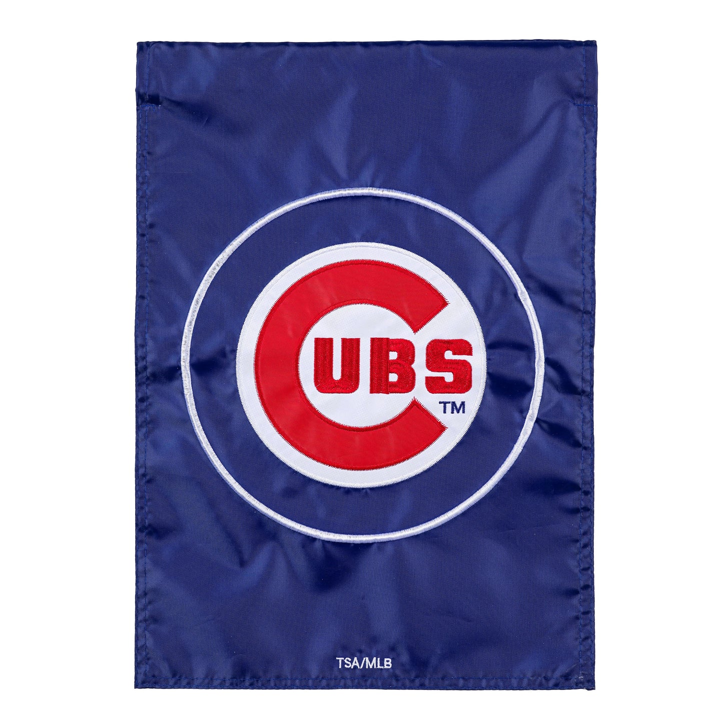 Chicago Cubs Appliqué Garden Flag blue background with red Cubs logo on Tampa Home & Garden Store