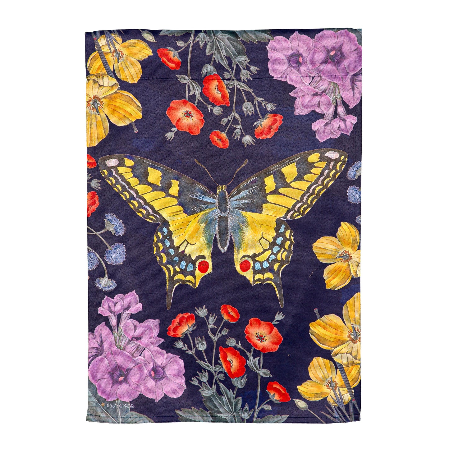 Butterfly Garden Suede Garden Flag with yellow butterflies and pink flowers on navy background on Tampa Home & Garden Store