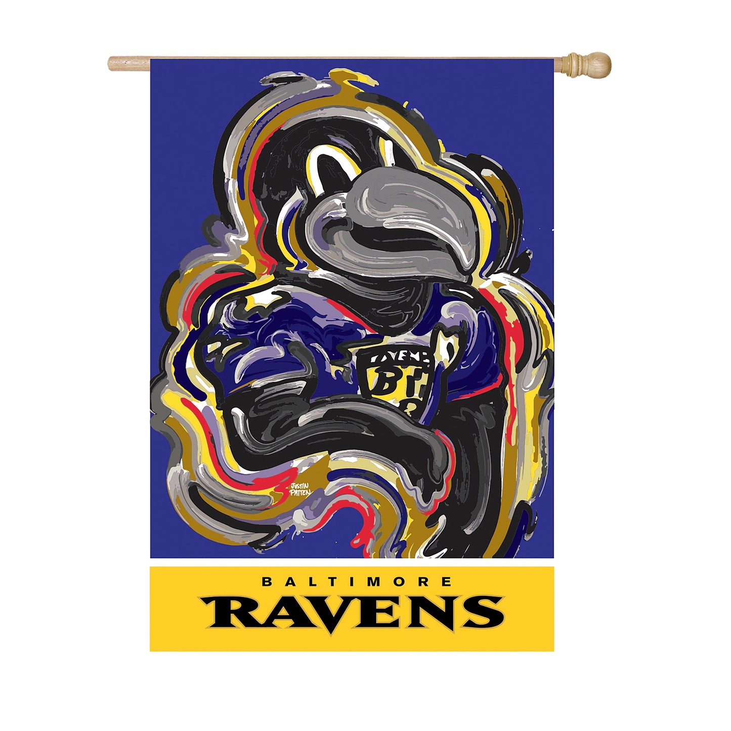 Baltimore Ravens suede flag with abstract raven artwork on blue field signed by Justin Patten on Tampa Home & Garden Store