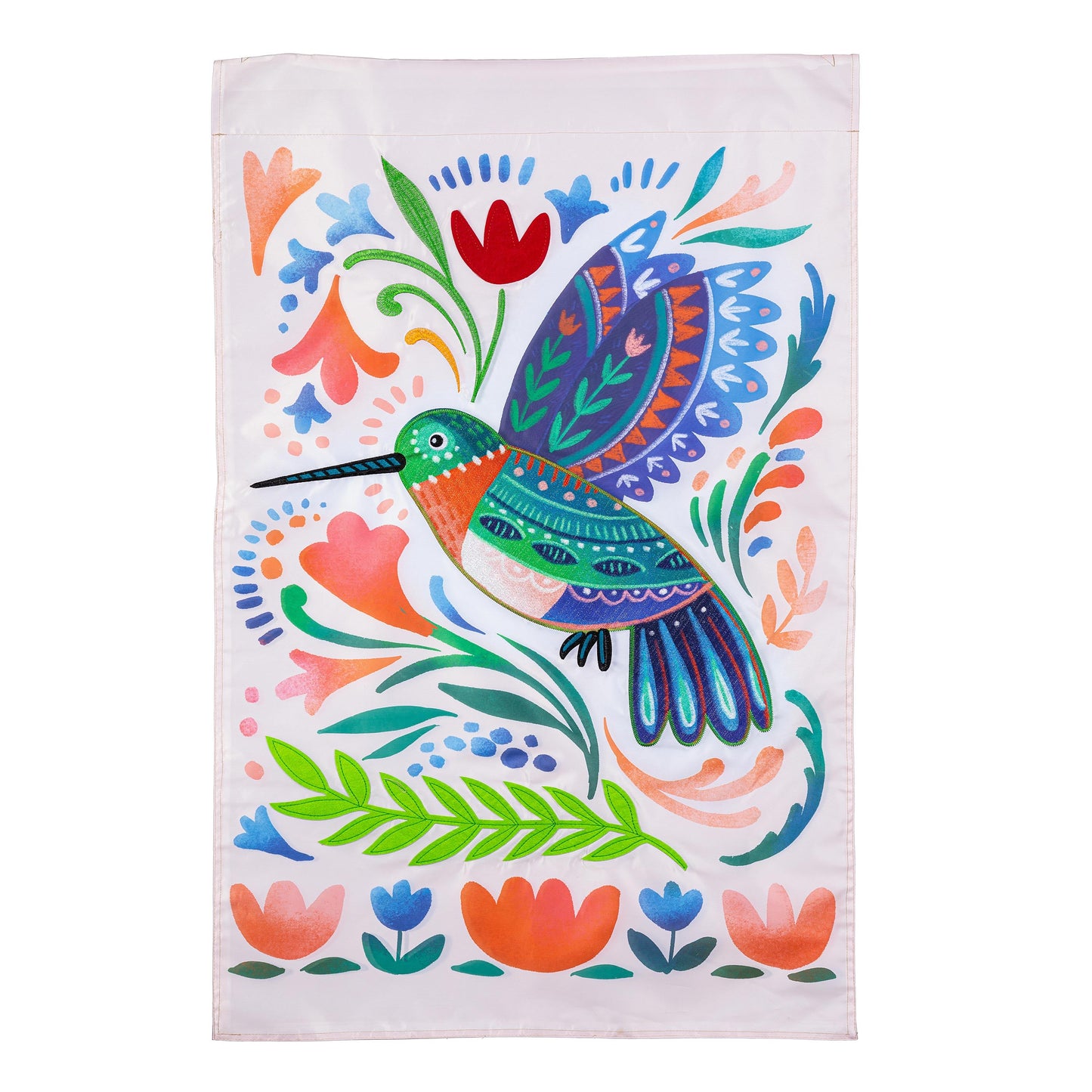 Applique garden flag Patterned Hummingbird by Evergreen Enterprises, colorful floral bird motif on Tampa Home & Garden Store