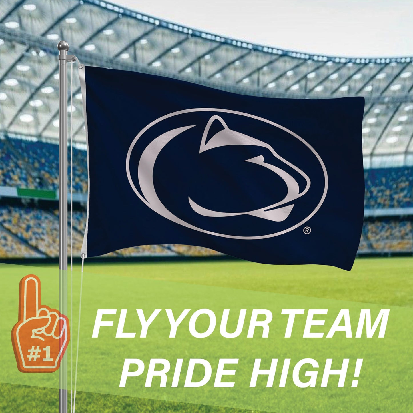 Penn State 3x5 single-sided sublimated flag with 2 grommets on a flagpole navy with white logo on Tampa Home & Garden Store