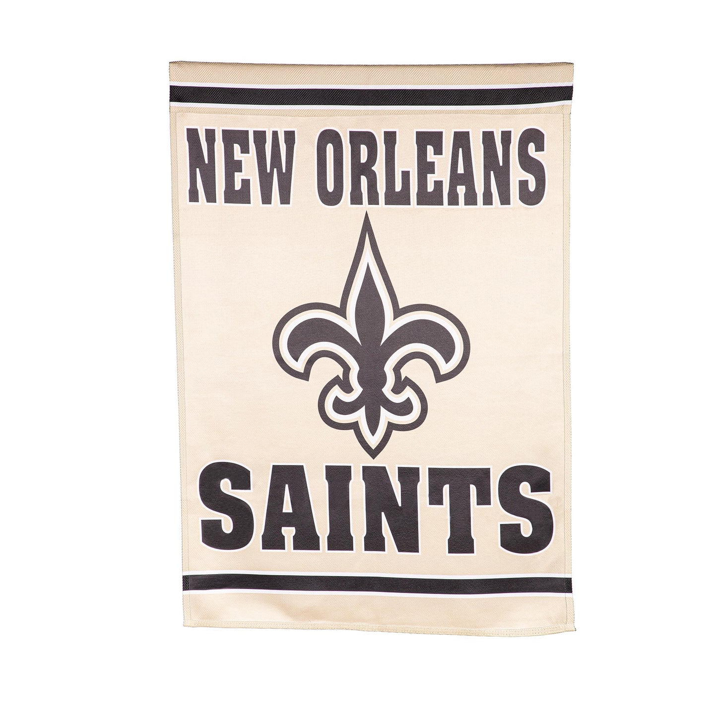 Embossed Suede Flag house size featuring New Orleans Saints fleur-de-lis on tan with black trim on Tampa Home & Garden Store