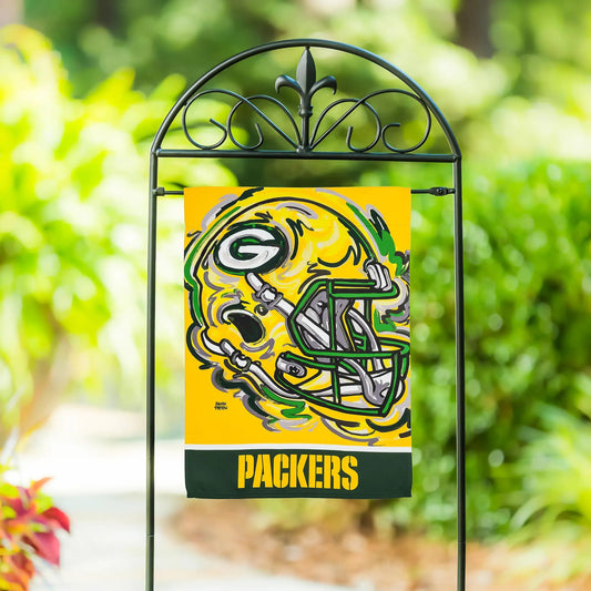 Green Bay Packers suede garden flag featuring bold yellow artwork by Justin Patten on Tampa Home & Garden Store