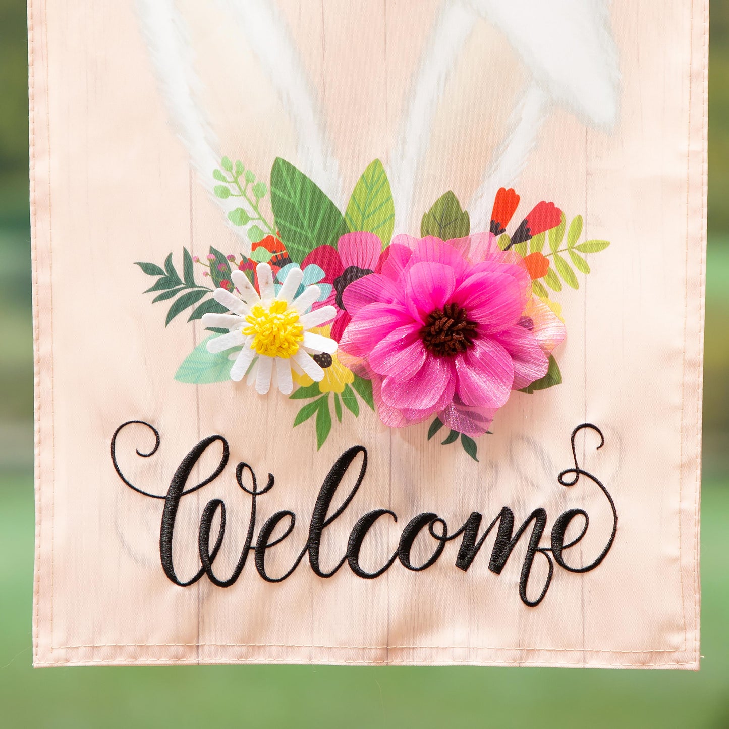 Every Bunny Welcome applique garden flag Evergreen Enterprises floral bouquet pink backdrop on Tampa Home & Garden Store