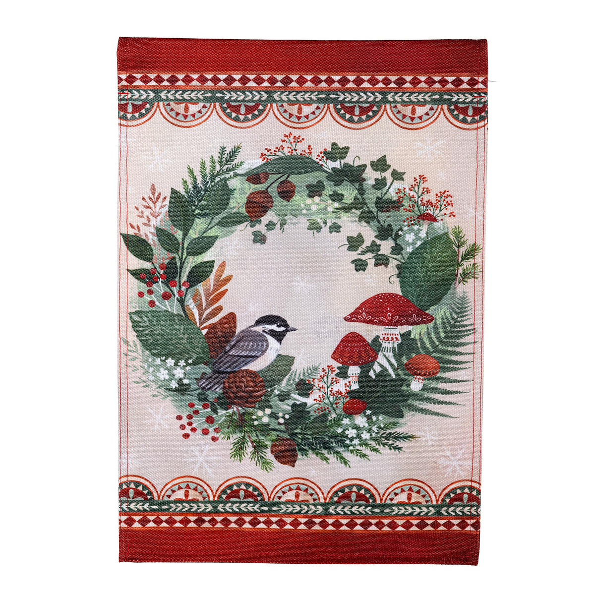 Woodland Wreath Burlap Garden Flag red border with greenery by Evergreen Enterprises on Tampa Home & Garden Store