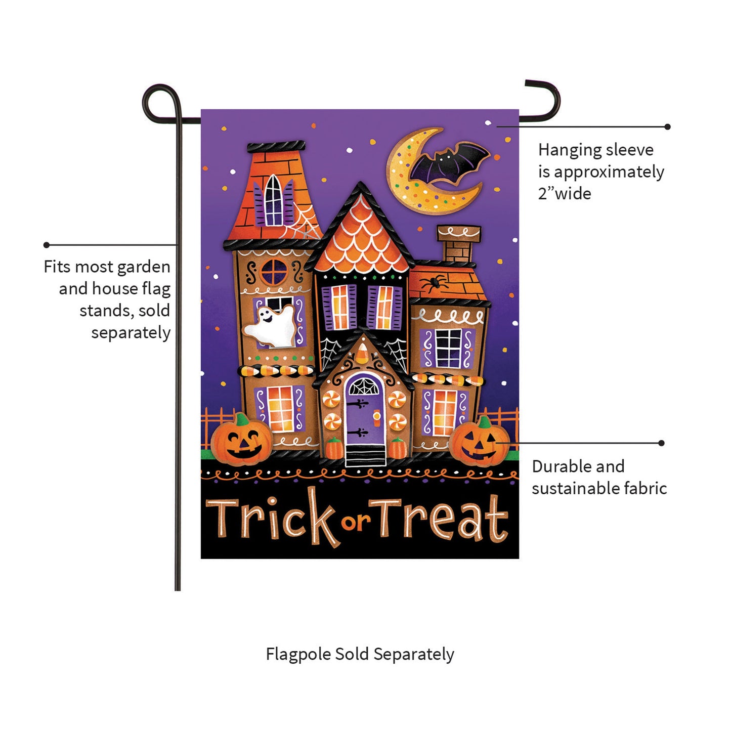 Trick or Sweets Lustre Garden Flag purple Halloween scene with orange houses moon and bat on Tampa Home & Garden Store