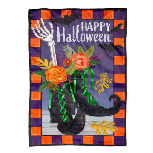 Applique house flag Happy Halloween witches boots with skeleton hand and bats on Tampa Home & Garden Store