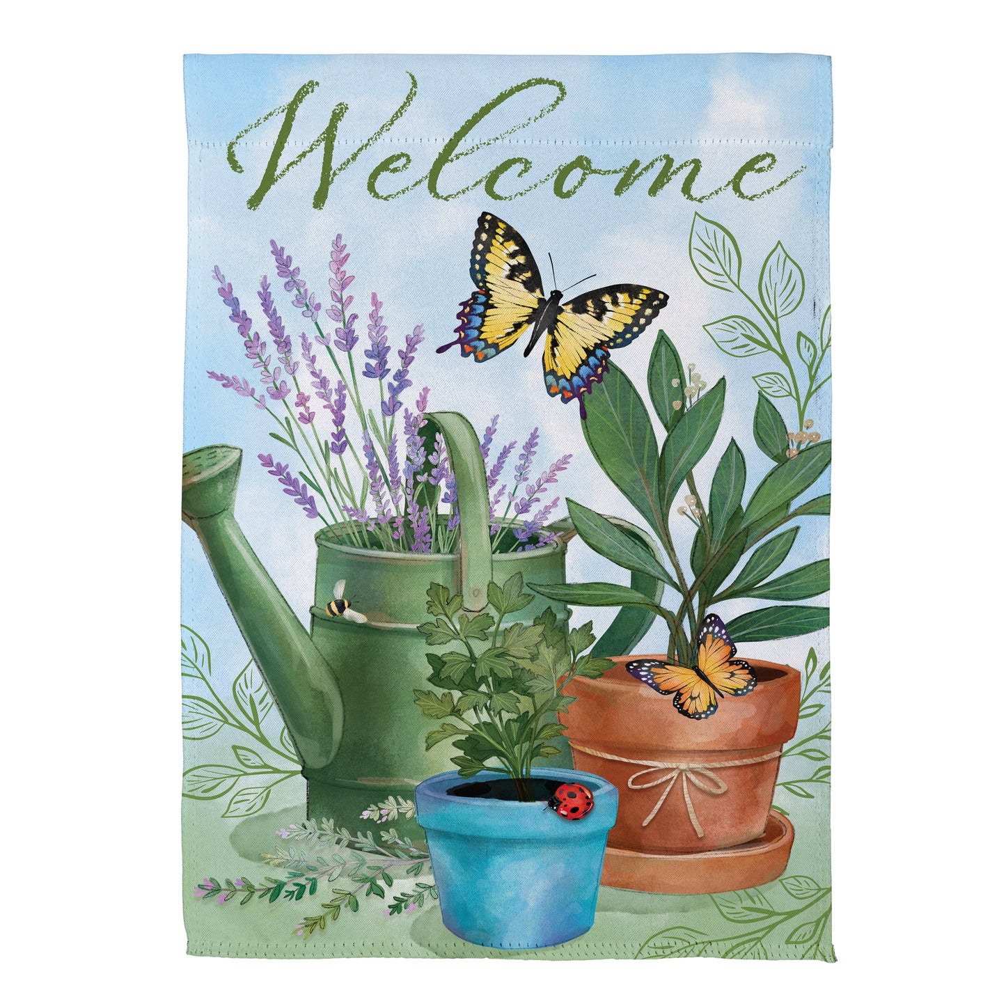 Pollinator Garden Watering Can & Plants Suede Garden Flag