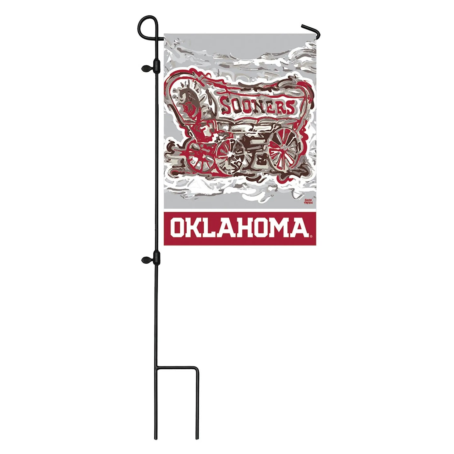Suede garden flag featuring OU Sooners locomotive design in red gray by Evergreen on Tampa Home & Garden Store