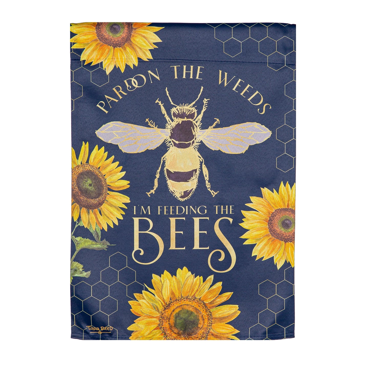Suede garden flag navy blue with sunflowers and bee on honeycomb pattern on Tampa Home & Garden Store
