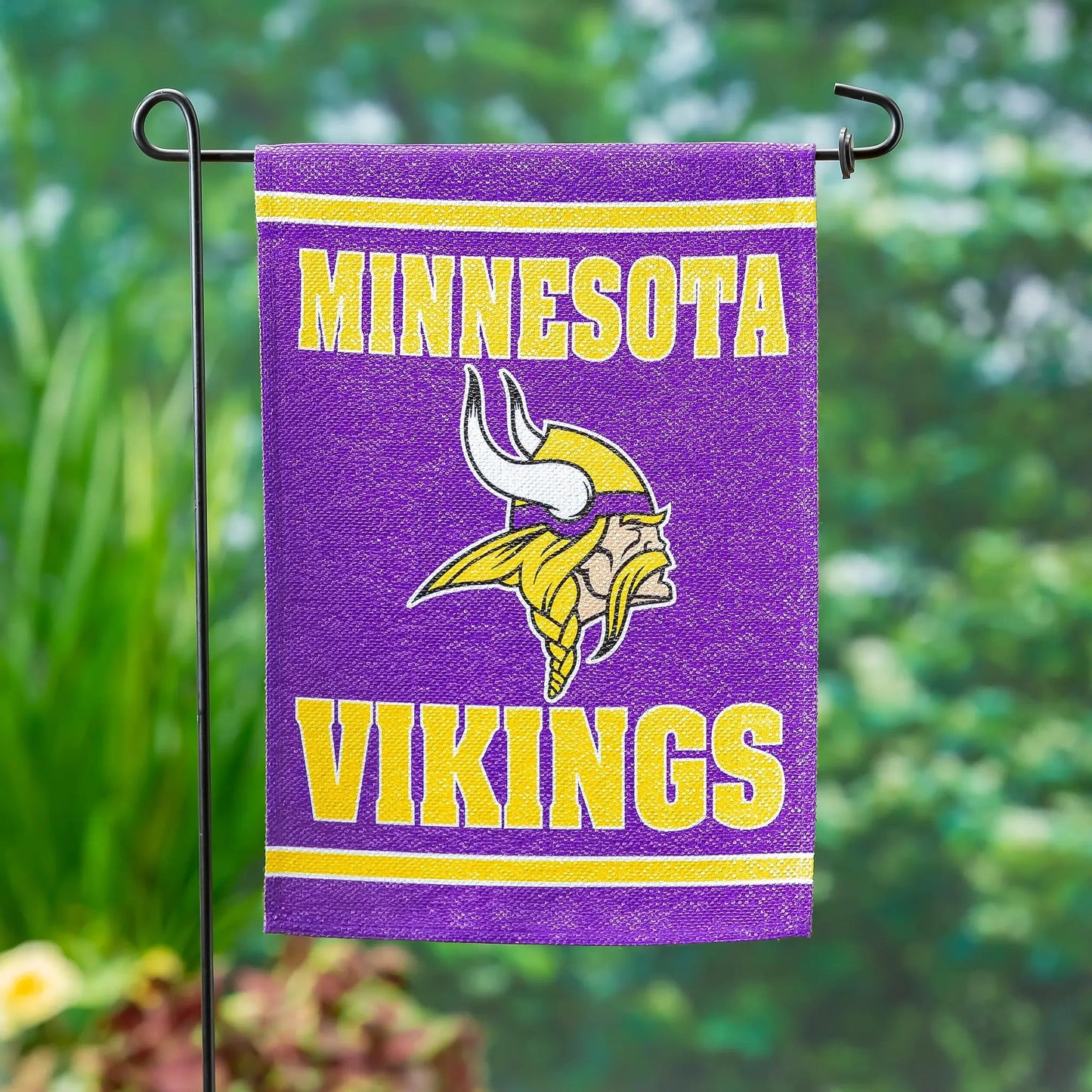 Minnesota Vikings suede flag in purple with yellow MINNESOTA lettering and Viking head on Tampa Home & Garden Store