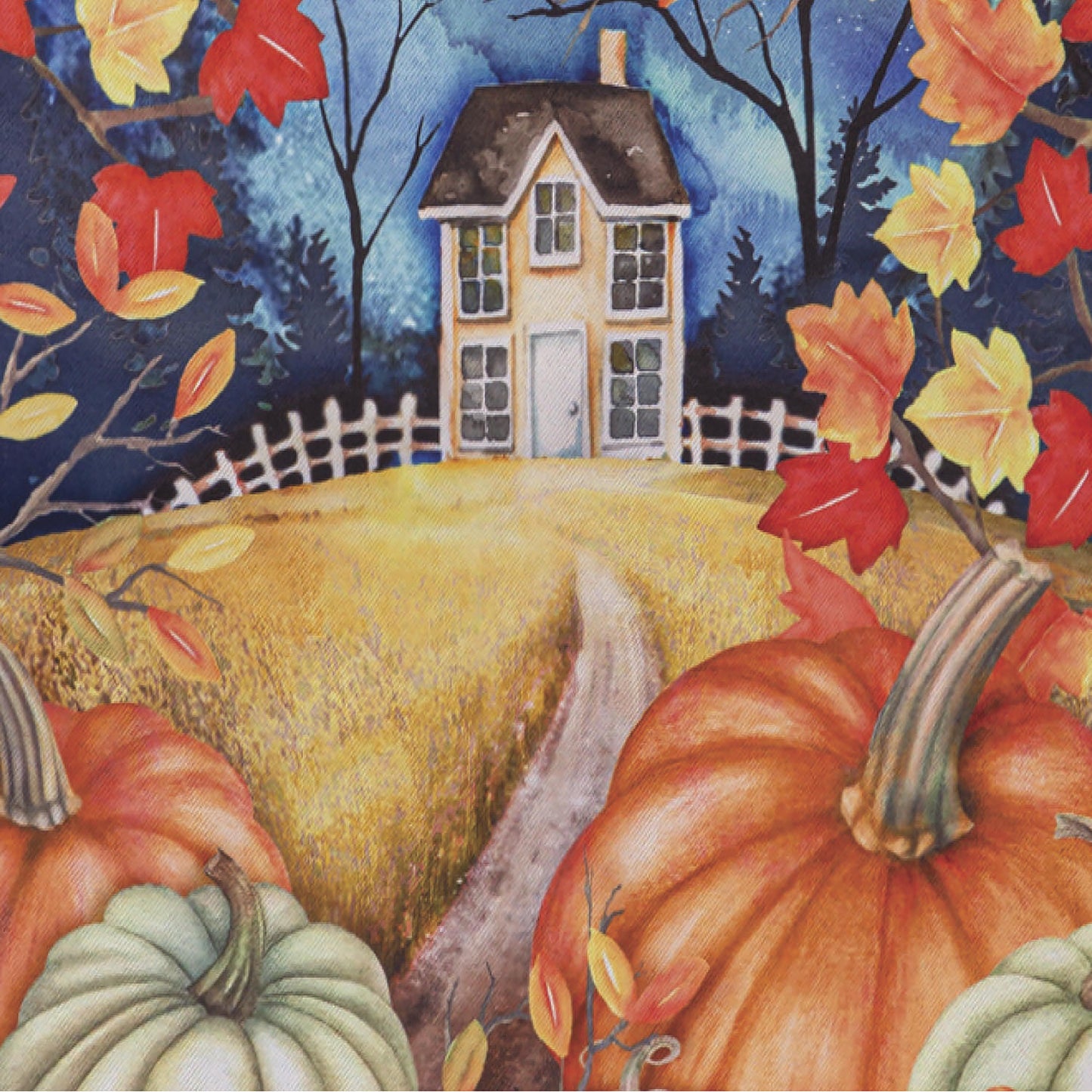 Alive in Fall Suede Garden Flag featuring a cozy yellow house amid autumn leaves on Tampa Home & Garden Store