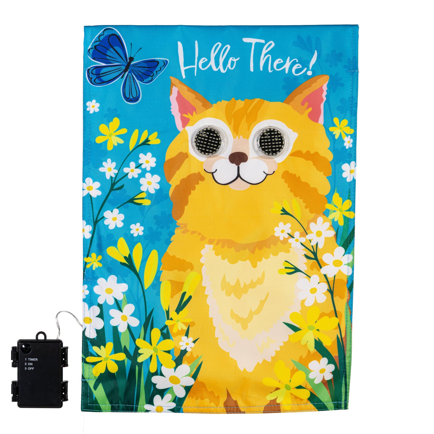 Animated Hello There Cat Applique Lighted Garden Flag with a yellow cat and LED eyes on Tampa Home & Garden Store