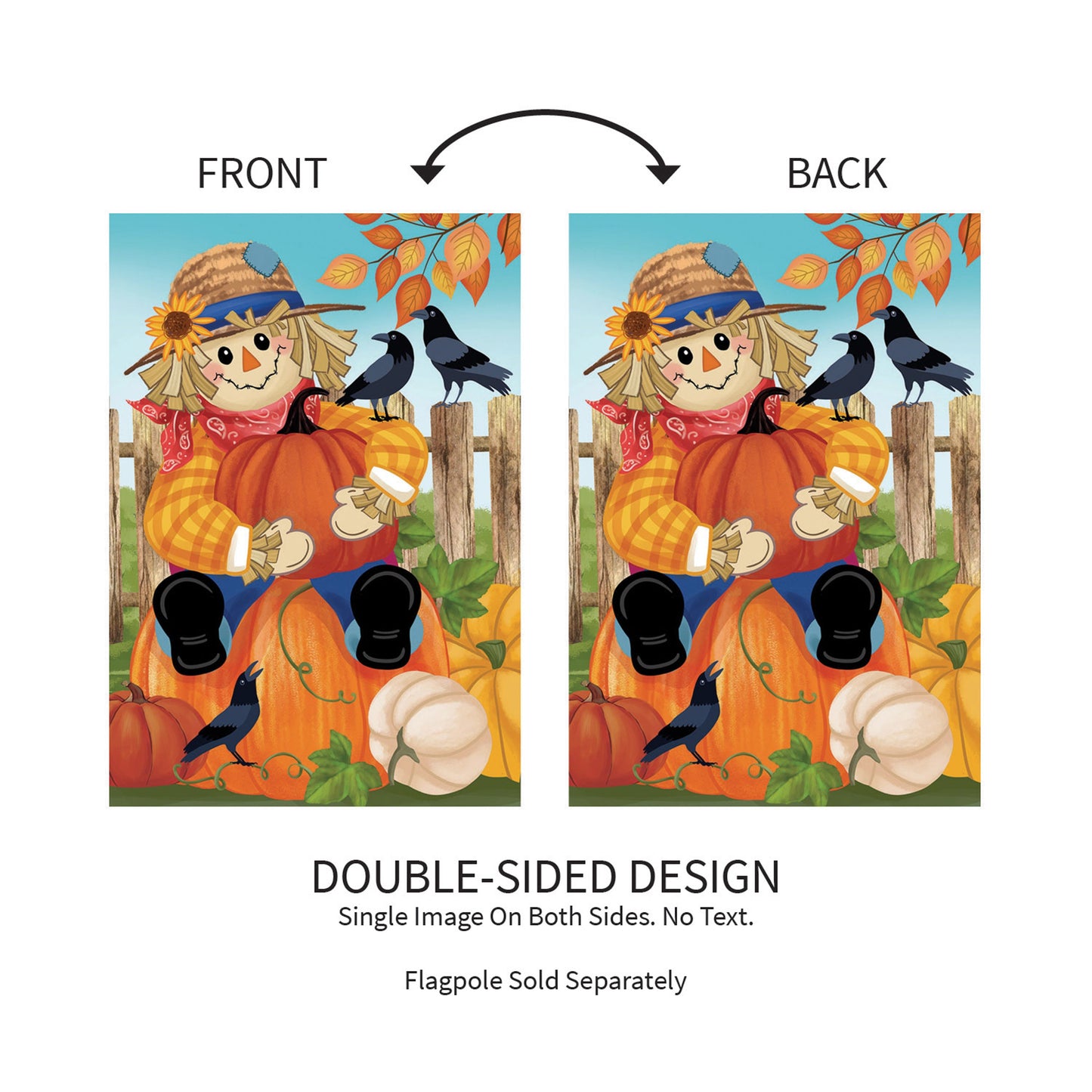 Friends & Scarecrow suede garden flag view with pumpkins and ravens; double-sided design on Tampa Home & Garden Store