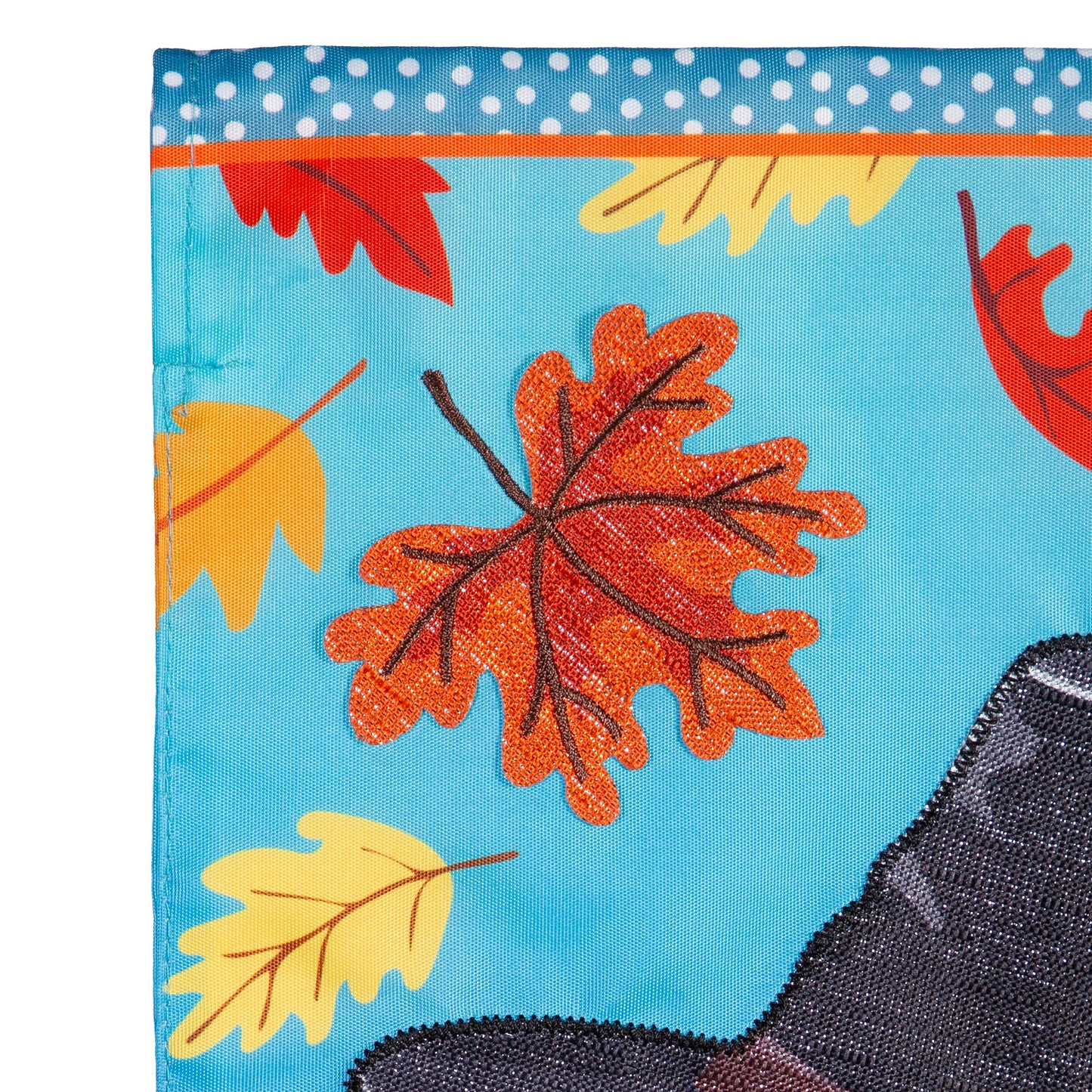 Turkey Time Applique Flag turquoise background with orange maple leaf applique on Tampa Home & Garden Store