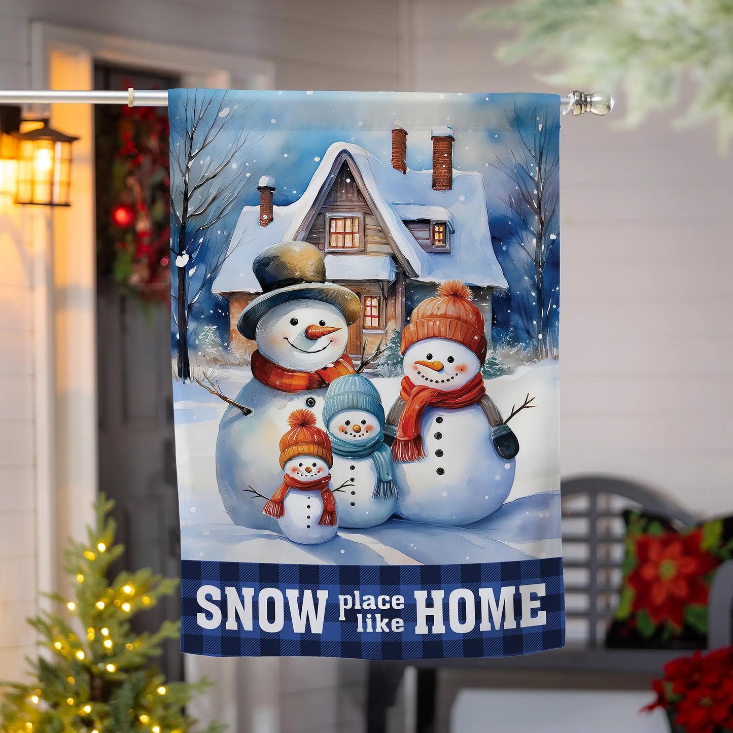Snow Place Like Home Suede House Flag by Evergreen Enterprises with snowmen scene on Tampa Home & Garden Store