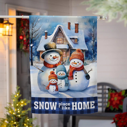 Snow Place Like Home Suede House Flag by Evergreen Enterprises with snowmen scene on Tampa Home & Garden Store