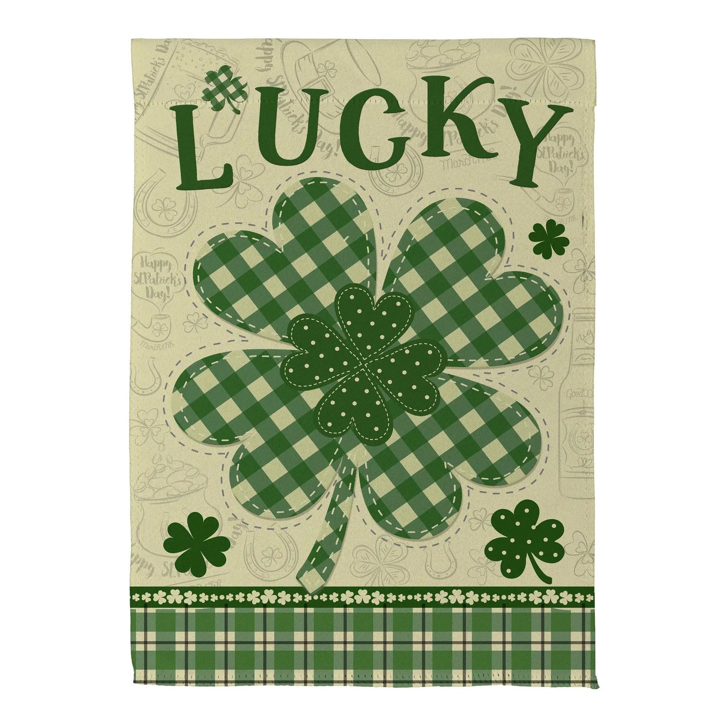 Lucky Clover suede garden flag with green plaid clovers on beige background Evergreen Enterprises on Tampa Home & Garden Store