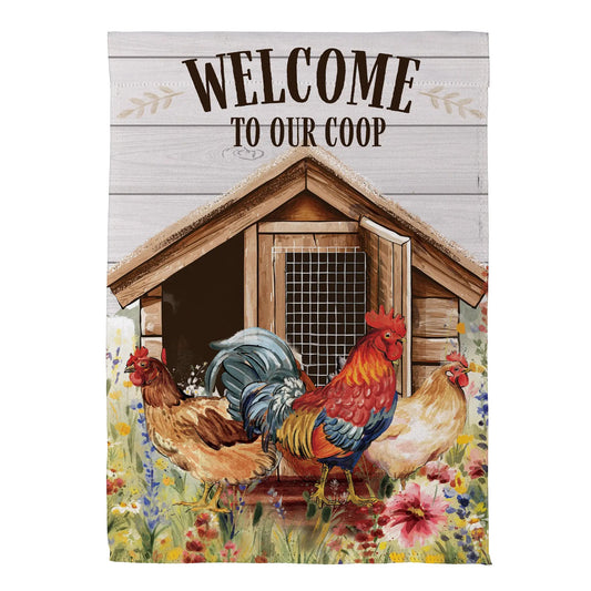 Petal and Plow Suede Garden House Flag rooster coop scene with vibrant flowers on Tampa Home & Garden Store