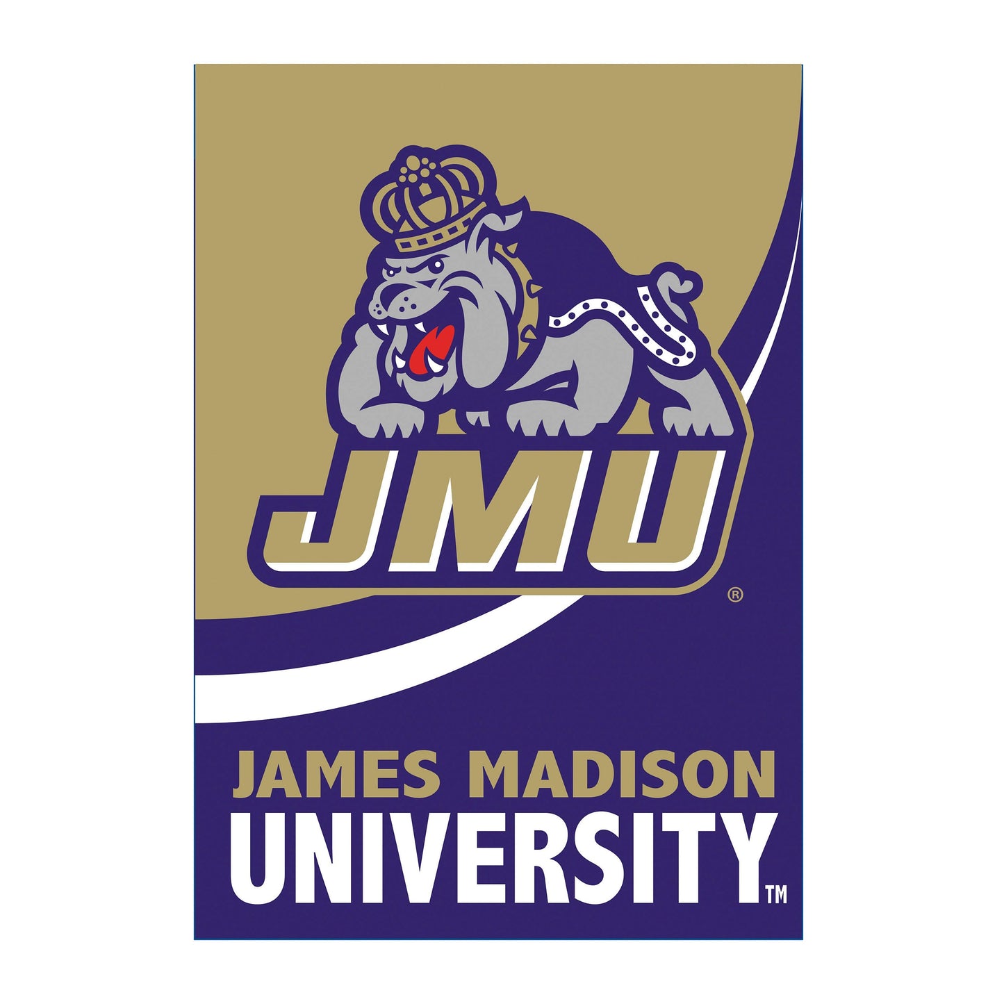 James Madison University burlap flag house-size purple bulldog crest on tan background on Tampa Home & Garden Store