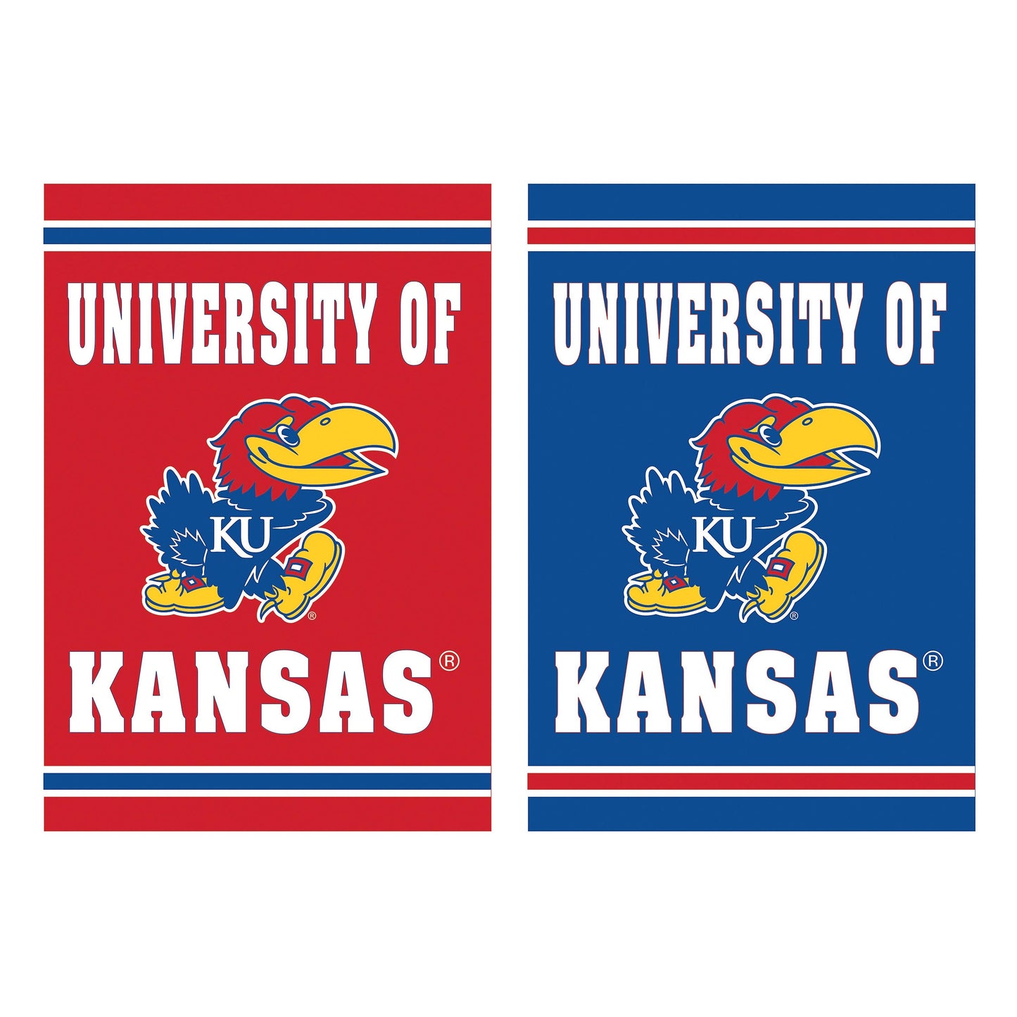 University of Kansas embossed suede house flag pair in red and blue with Jayhawks mascot on Tampa Home & Garden Store