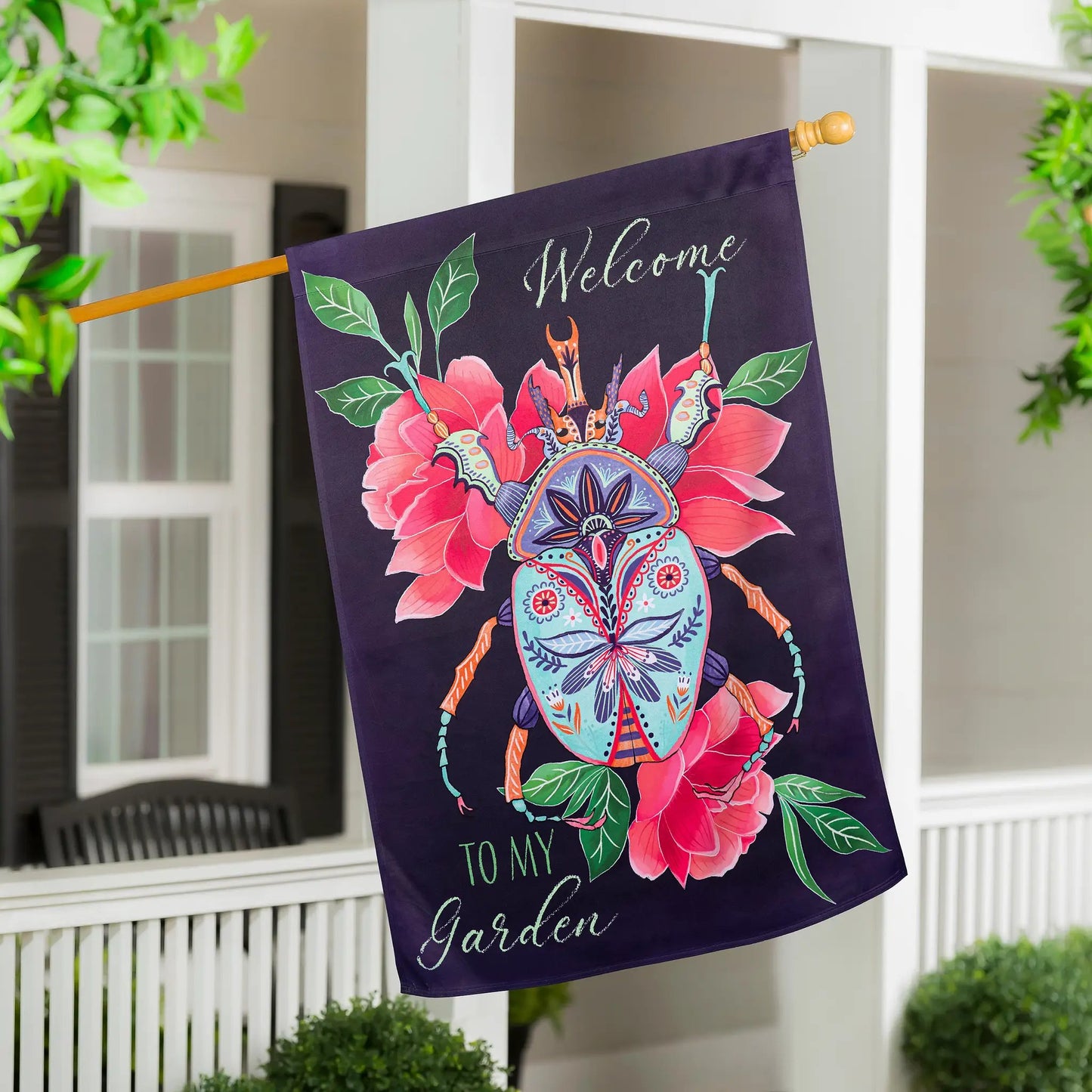 Intricate Beetle Suede House Flag purple background with vibrant floral beetle motif on Tampa Home & Garden Store