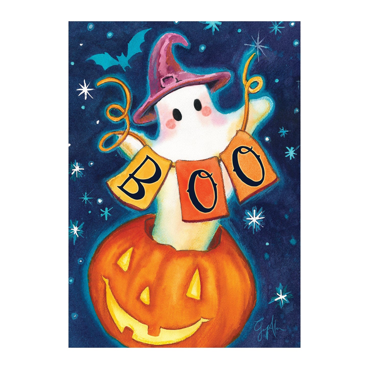 Boo Suede Garden Flag with pumpkin and purple hat on a deep blue starry background on Tampa Home & Garden Store