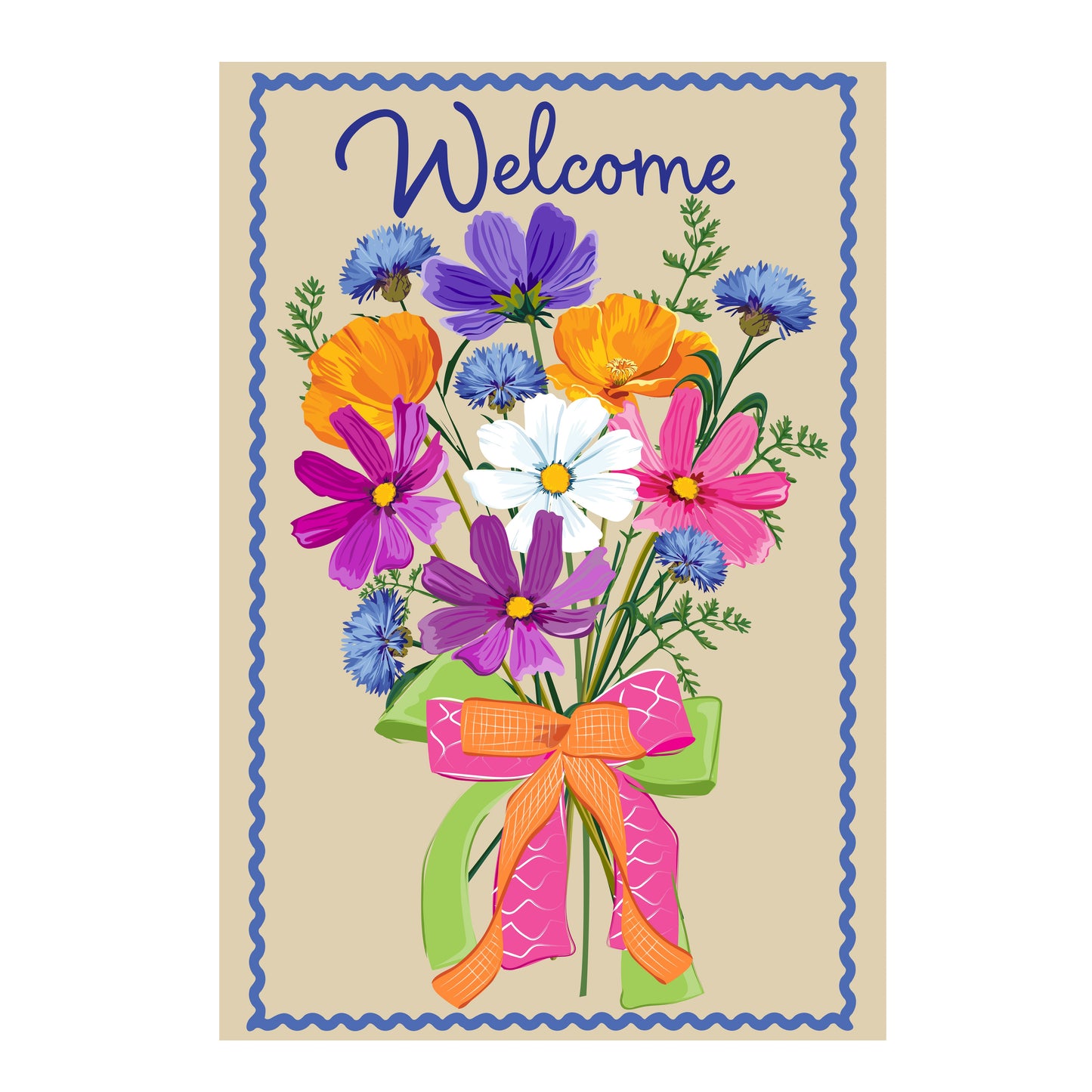 Wildflower bouquet applique garden flag beige background blue border bow on Tampa Home & Garden Store