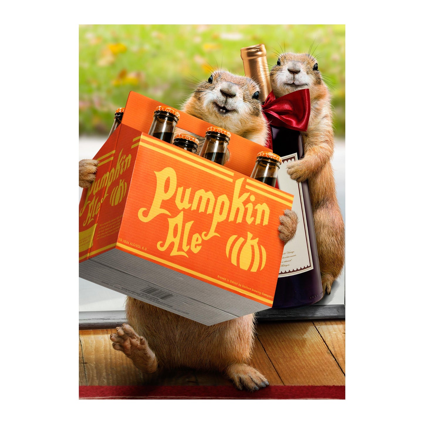 Pumpkin Ale suede garden flag featuring two brown chipmunks in an orange beer crate on Tampa Home & Garden Store