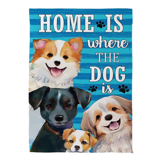 Home Is Where the Dog Is Suede House Flag by Evergreen Enterprises with dogs on blue stripes on Tampa Home & Garden Store