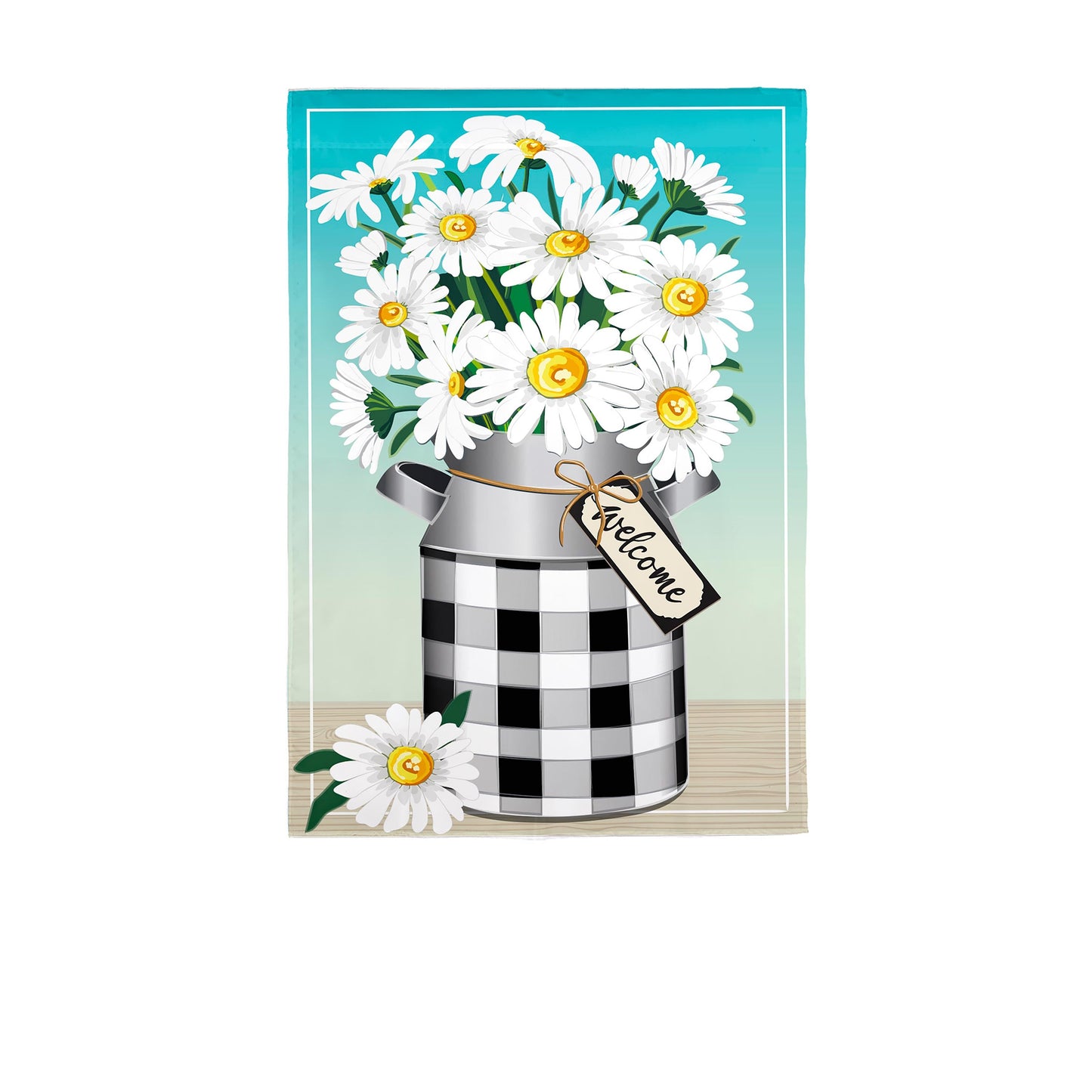 Milk Can with Daisies Burlap Garden Flag with white daisies in a milk can on teal background on Tampa Home & Garden Store