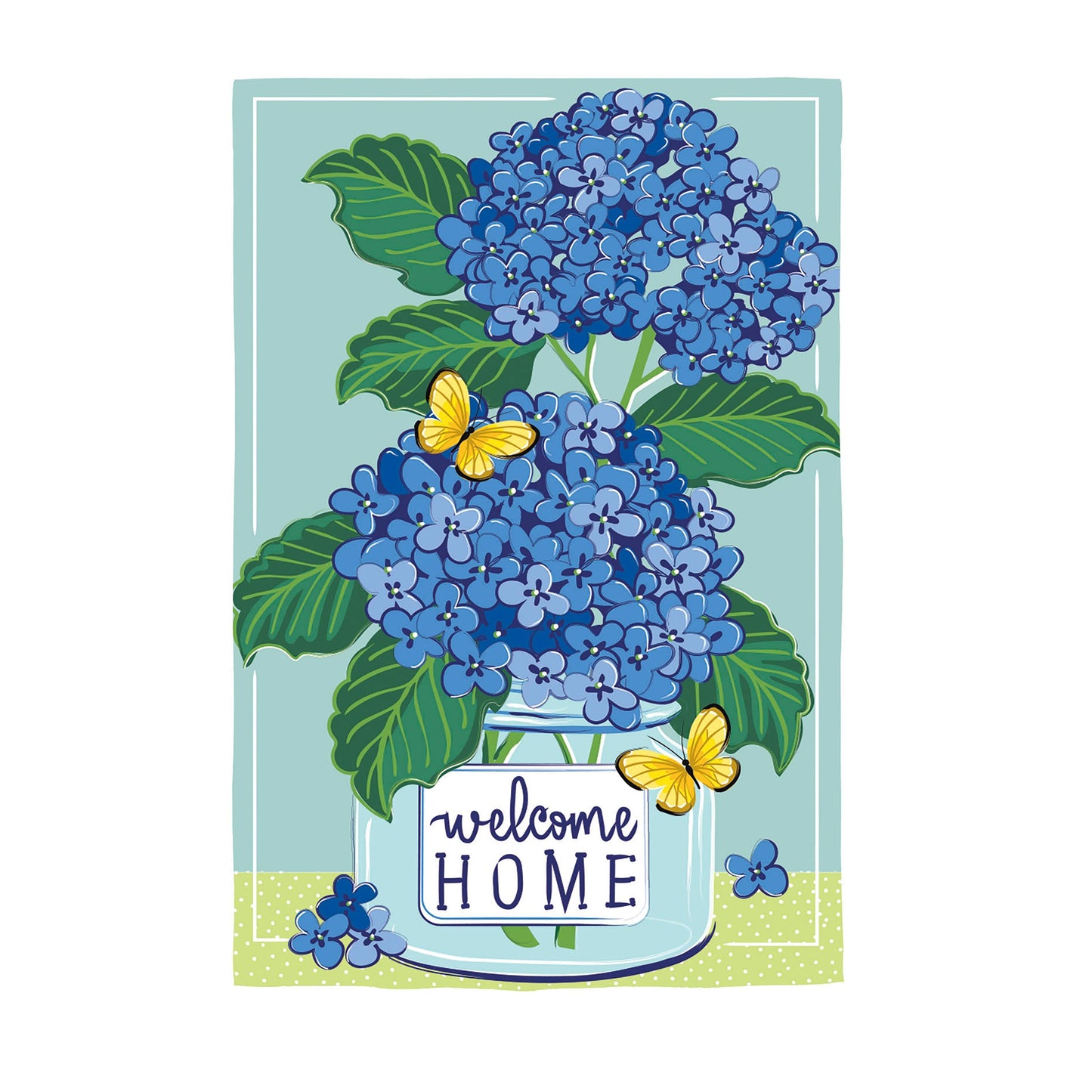 Welcome Home Hydrangeas Burlap House Flag with blue hydrangea bouquet on light blue backdrop on Tampa Home & Garden Store
