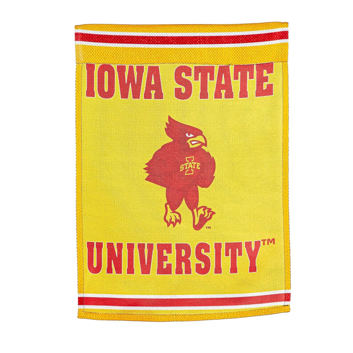 Iowa State Embossed Suede Flag GDN Size yellow flag with red Iowa State lettering on Tampa Home & Garden Store