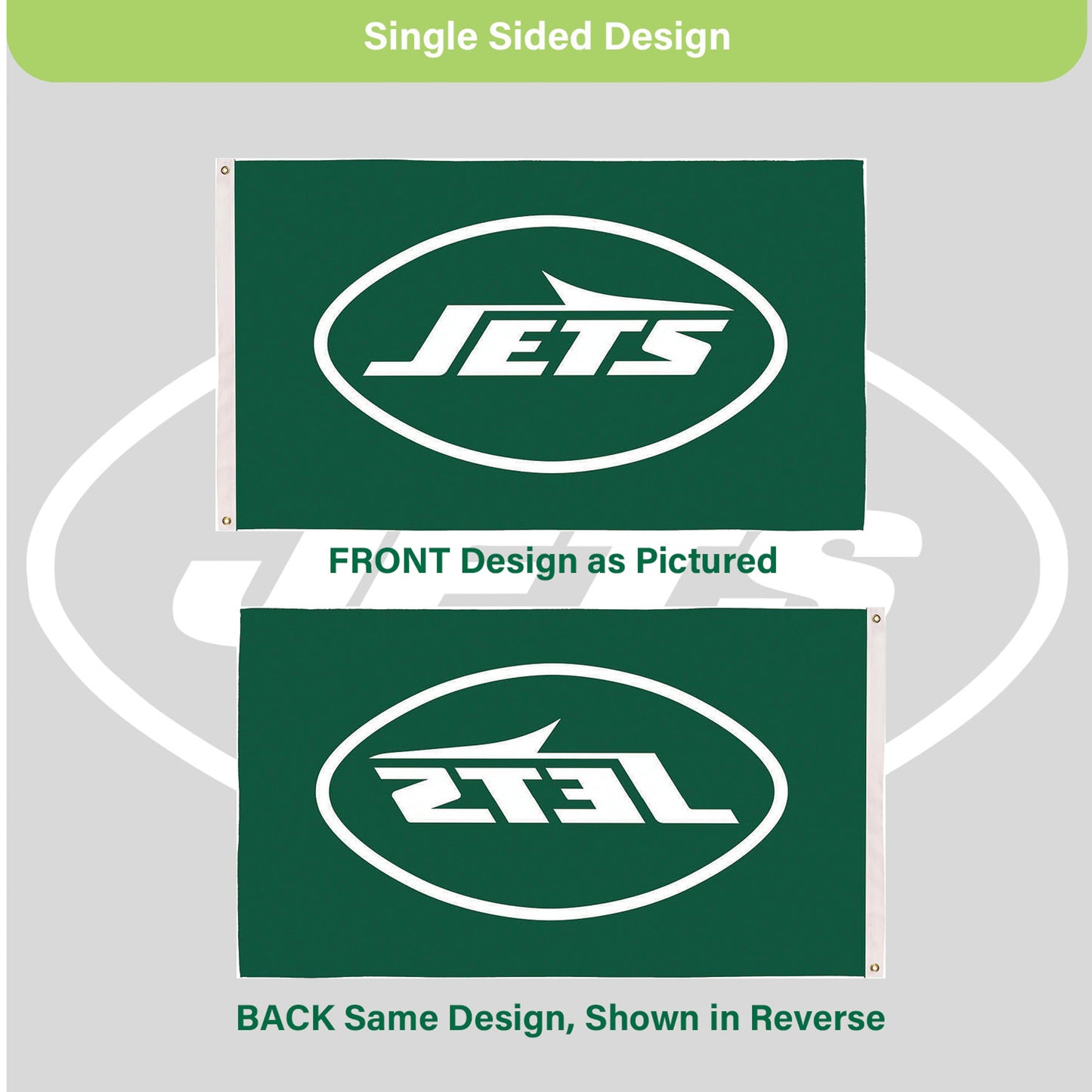 New York Jets flag 3x5, single-sided flag with 2 grommets, green Jets logo on Tampa Home & Garden Store