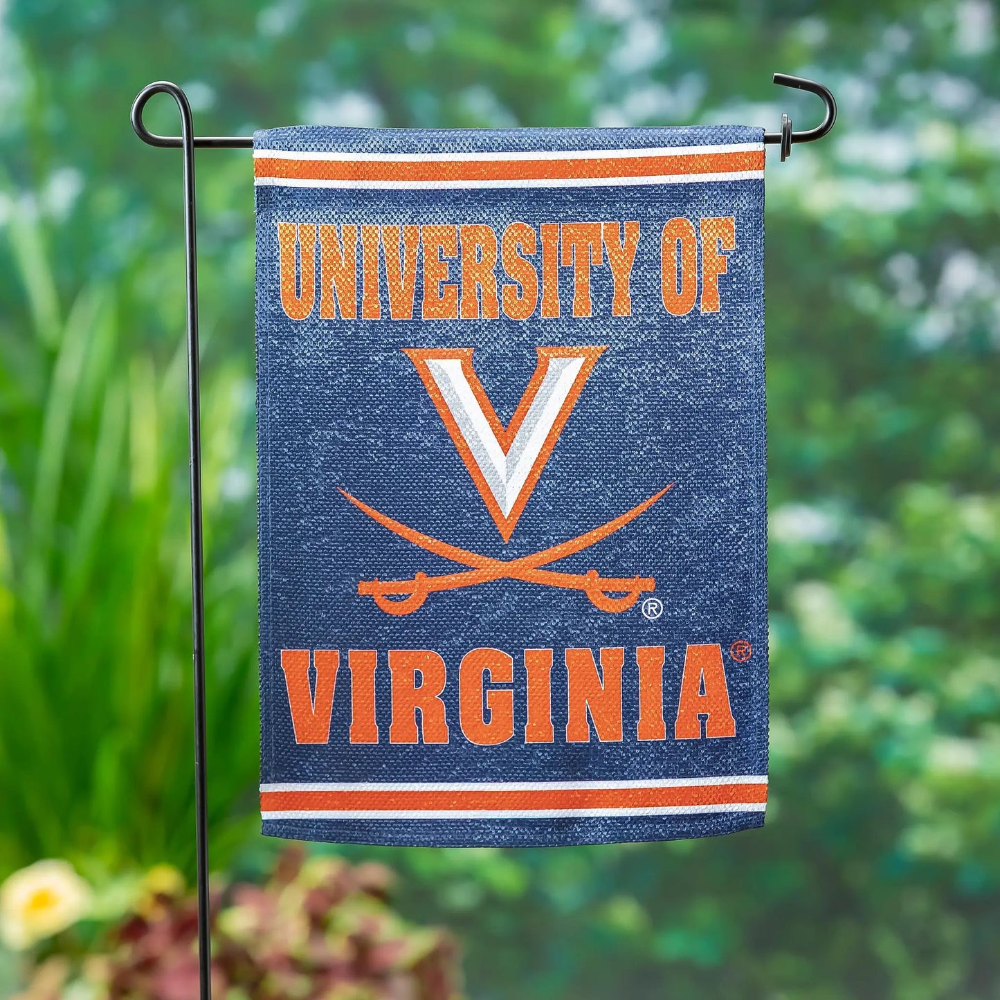 Embossed suede UVA garden flag in navy with orange VIRGINIA letters on Tampa Home & Garden Store